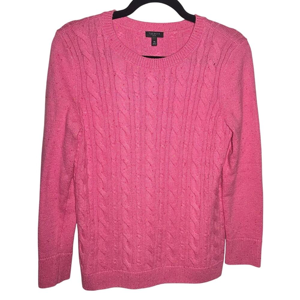 Talbots Womens Pink Confetti Cable Knit Button Sleeve Sweater Size Medium Petite